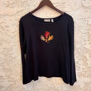 Vintage Croft & Barrow Black Embroidered Autumn Leaves Top Womens XL